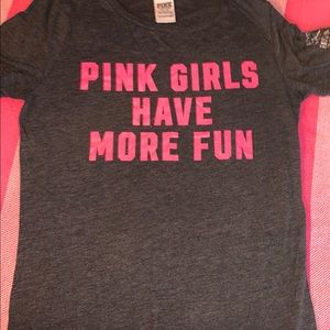 Pink Brand T-shirt. Dark Heather grey with hot pink lettering. XS fits like a S.